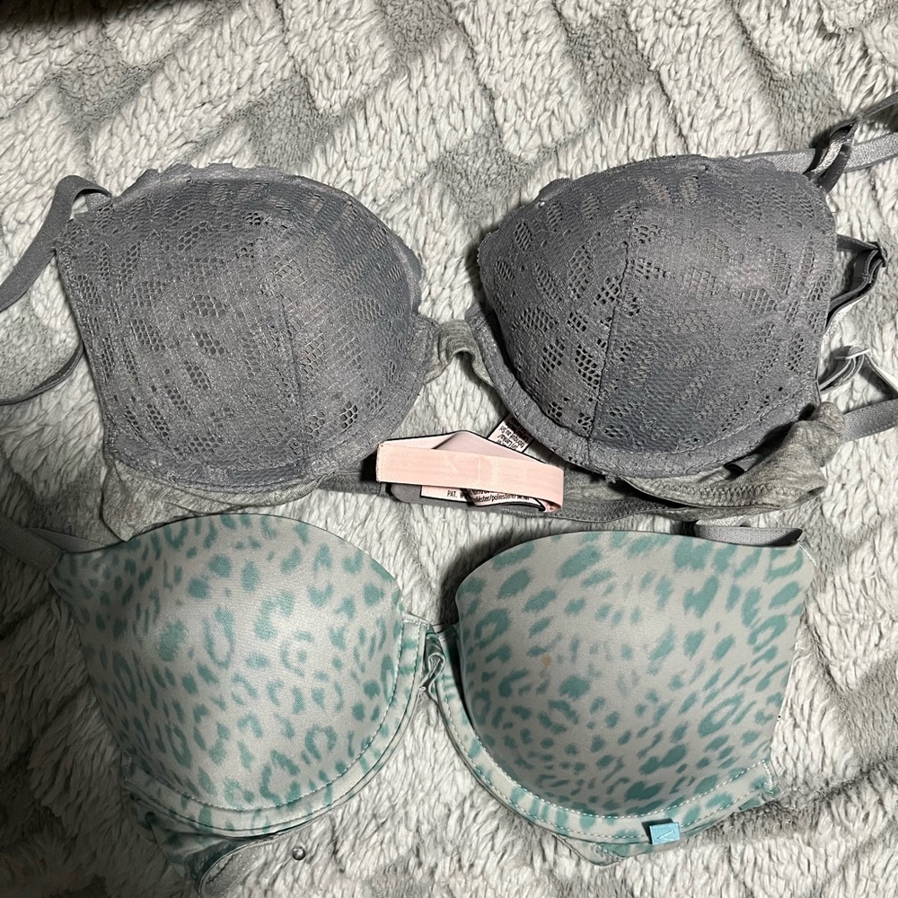 two push up bras  Victoria’s Secret both size 32A gray and leopard pattern